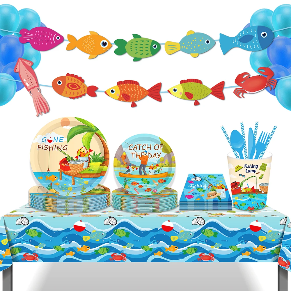 

Outdoor Fishing Camp Barbecue Birthday Party Paper Disposable Tableware Sets Plates Napkins Tablecovers Baby Shower Party Decors