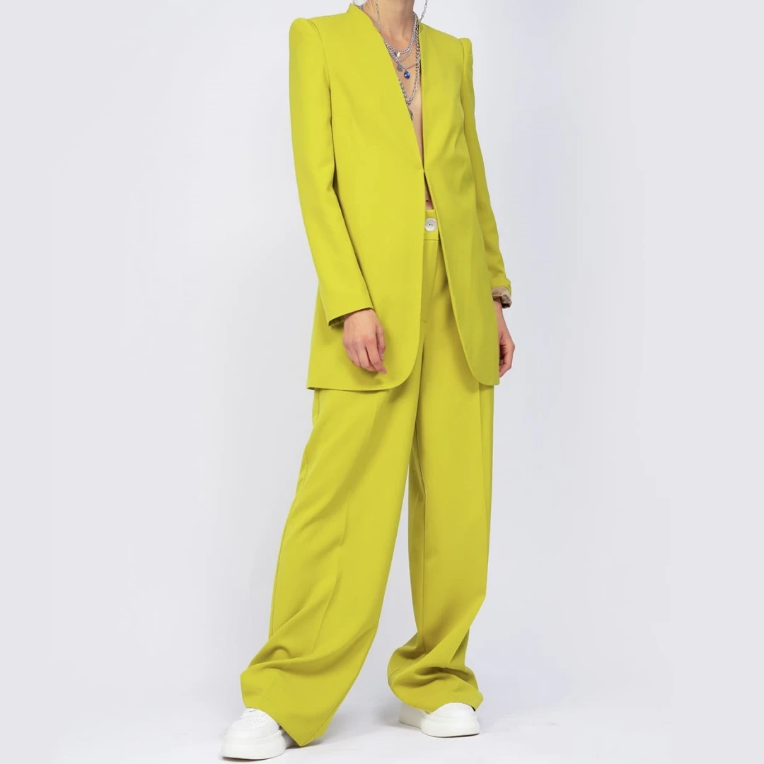 Women Suit Set 2-Piece With Sharped Shoulders Blazer And Pants Solid Wide Leg Trousers Lose Fitting Tuxedos Female Formal Outfit