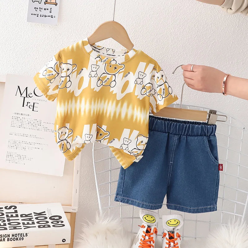 

Summer Baby Boy Clothes 2 Years Cartoon O-neck Short Sleeve T-shirts and Denim Shorts Kids Bebes Jogging Suits Childrens Outfits