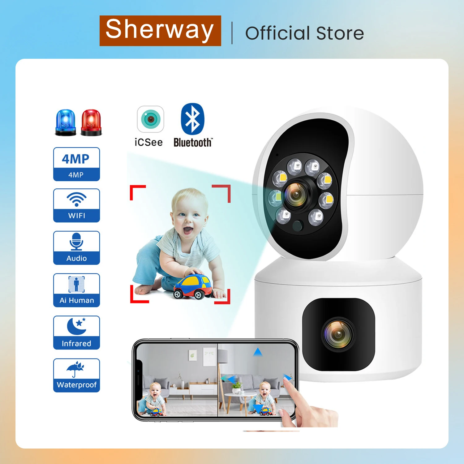 

SHWEWAY 4MP WiFi Camera with Dual Screens Baby Monitor Night Vision Indoor Mini PTZ Security IP Camera CCTV Surveillance Cameras