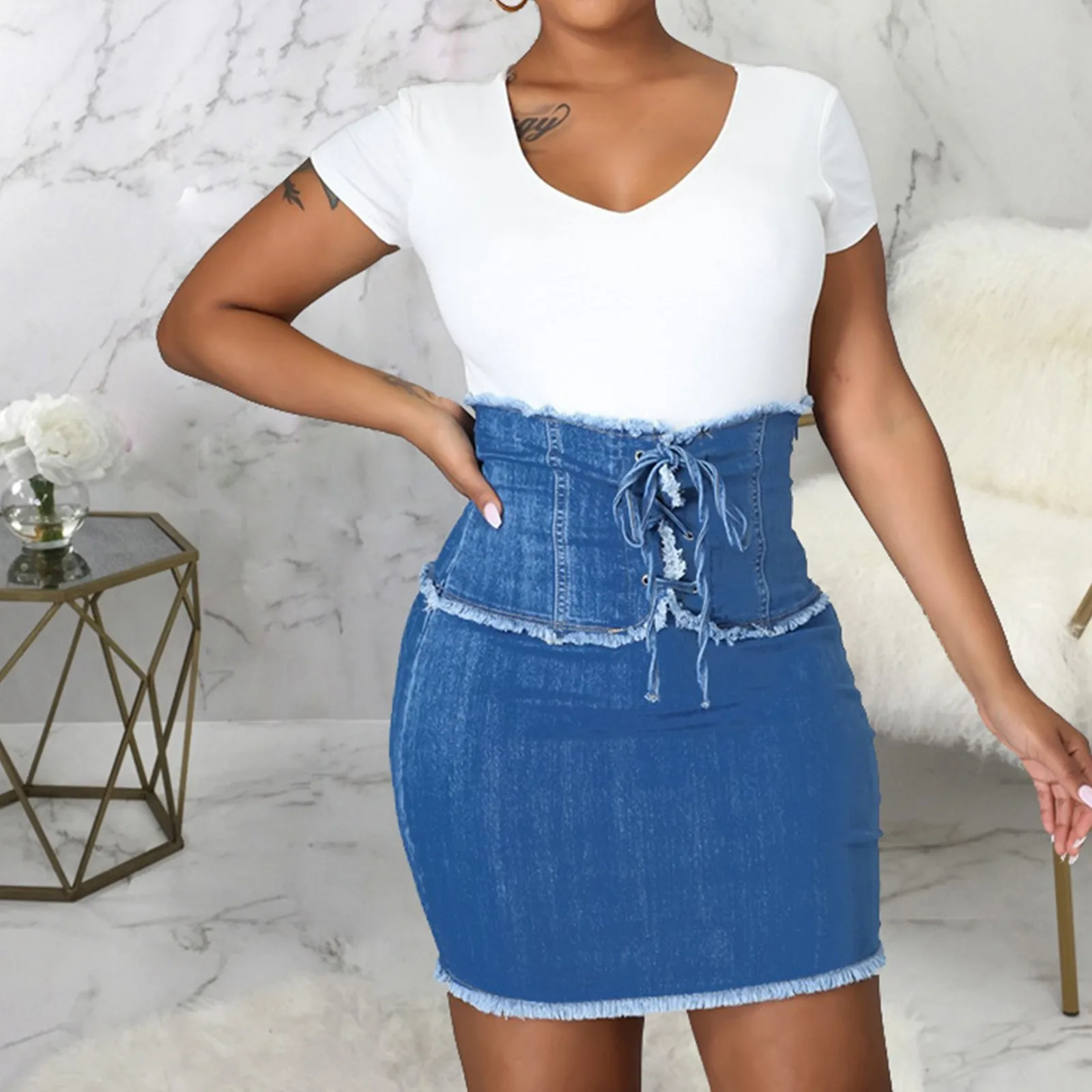 

women fashion sexy high waist denim skirt with tie belt skies are skirt