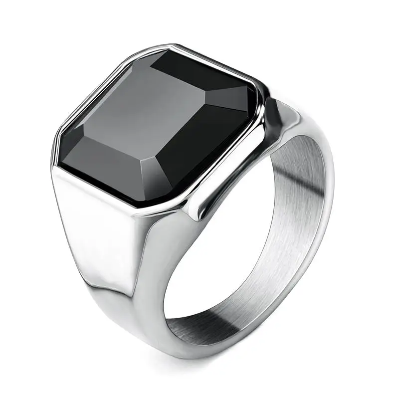 

New Male Black Stone Stainless Steel Ring Silver Color Hip Hop Party Punk Rings For Men Wedding Jewelry