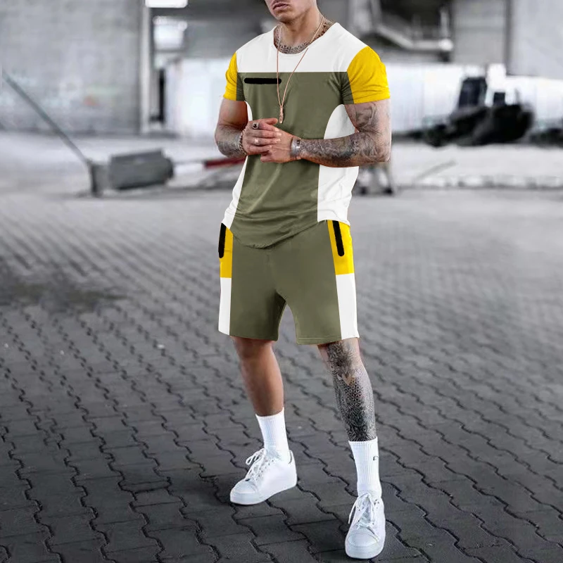 Fashion Men's tshirt Set Cotton Print Streetwear Short Sleeve Casual Shorts Casual Two Piece Suit Solid Color