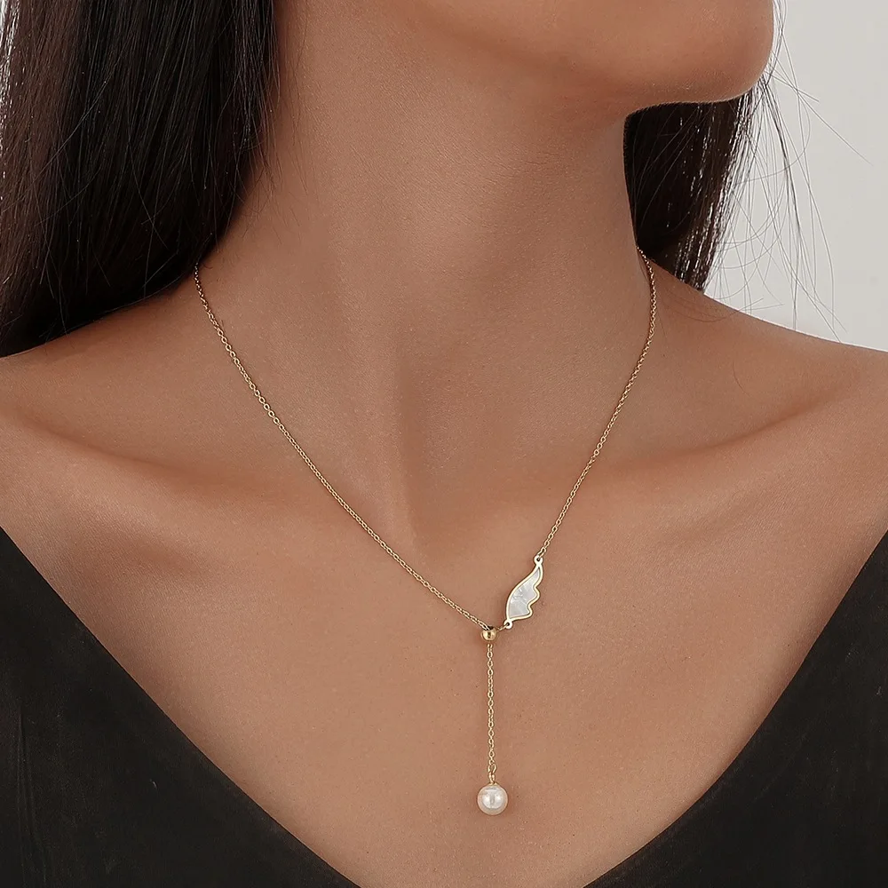 

Fashion Trend Stainless Steel Light Luxury Shell Angel Wings Pearl Adjustable Clavicle Necklace Ladies Jewelry Gift Wholesale