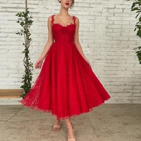 red lace prom dress a line tea length spaghetti straps sexy prom gown sleeveless applique buttons modern short party dress 2022