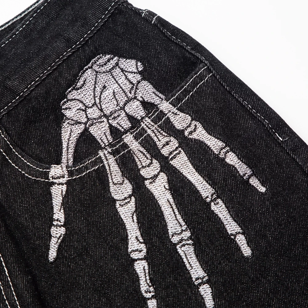 Retro Skull Hand Bone Embroidery Washed Mens Jeans Pants Y2K Straight Casual Oversize Denim Trousers Loose Streetwear Pantalones