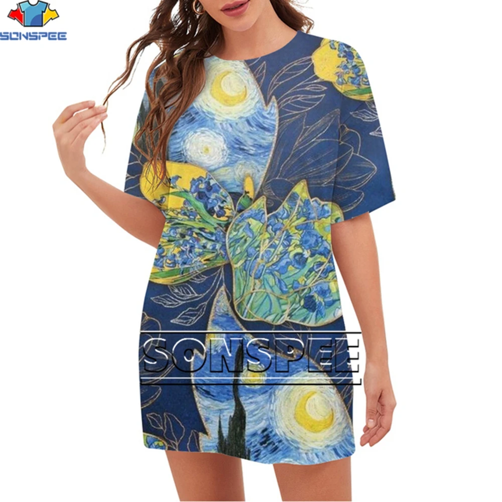 

Женские футболки SONSPEE, новые рубашки с прострочкой, футболки большого размера с 3D принтом звездной ночи Ван Гога, уютные художественные топы...