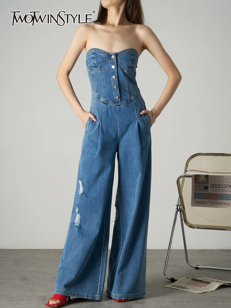 

Женский комбинезон без бретелек TWOTWINSTYLE, корейский стиль, с высокой талией и широкими штанинами, 2019