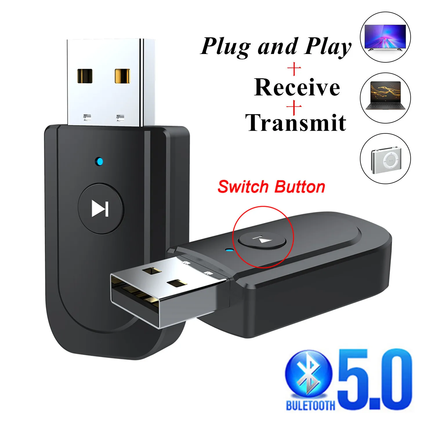 

USB Bluetooth 5.0 Transmitter Receiver 3 In 1 Stereo Bluetooth TV Adapter Car Dual Output PC Headphones Home Stereo HIFI Audio