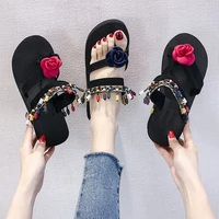 ethic string beads deco flip flops woman 2022 summer flatform sandals ladies wedge flower beach slippers outdoor slide shoes