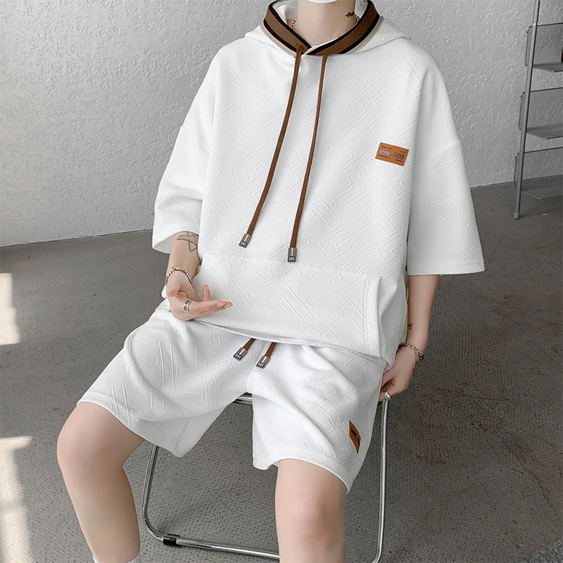 Solid Color Men's Sets 2023 Summer Casual Hooded Short Sleeved T-Shirts And Shorts Two-Piece Sports Tracksuits Top Tees&Joggers