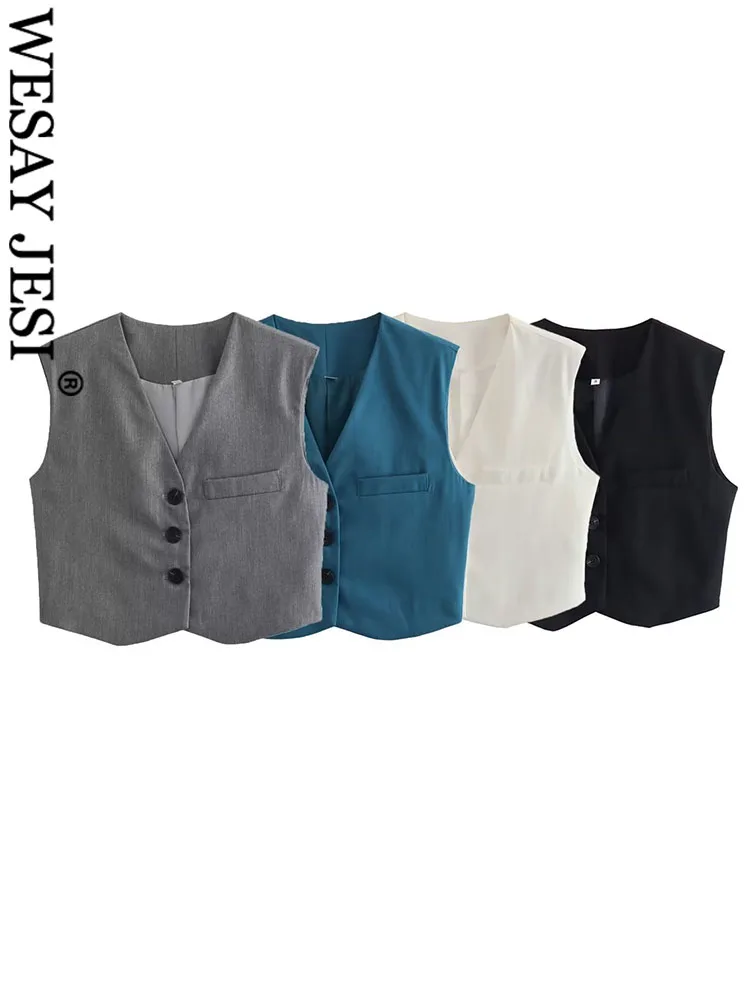 

WESAY JESI TRAF Women Solid Vintage Vest V-Neck Chic Sleeveless Vests For Woman Casual Female Single-breasted Waistcoat Tops