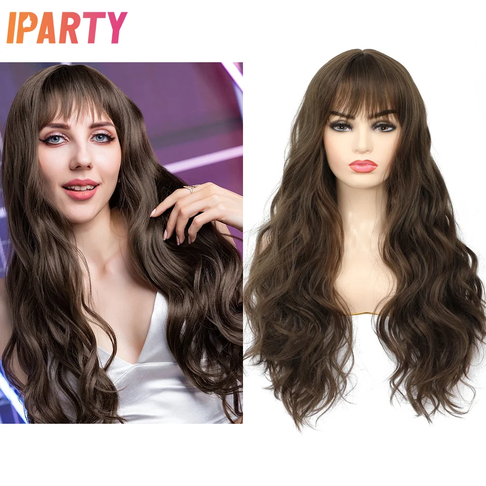 

Iparty Synthetic Machine Heat Resistant Wig Brown Color Long Wavy Wig With Bangs For Women Multi Size Multi Color Optional Daily