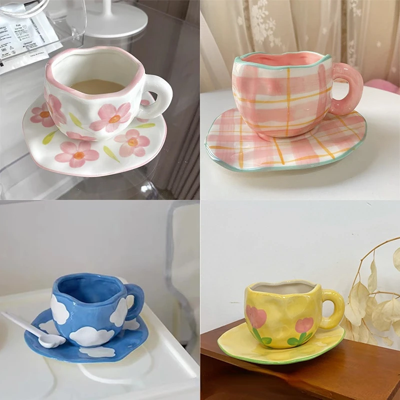 

Creative Retro Tulip Plaid Coffee Cup Saucer Milk Set Cup Breakfast Cup Korean Afternoon Tea Set Coffee Cup
