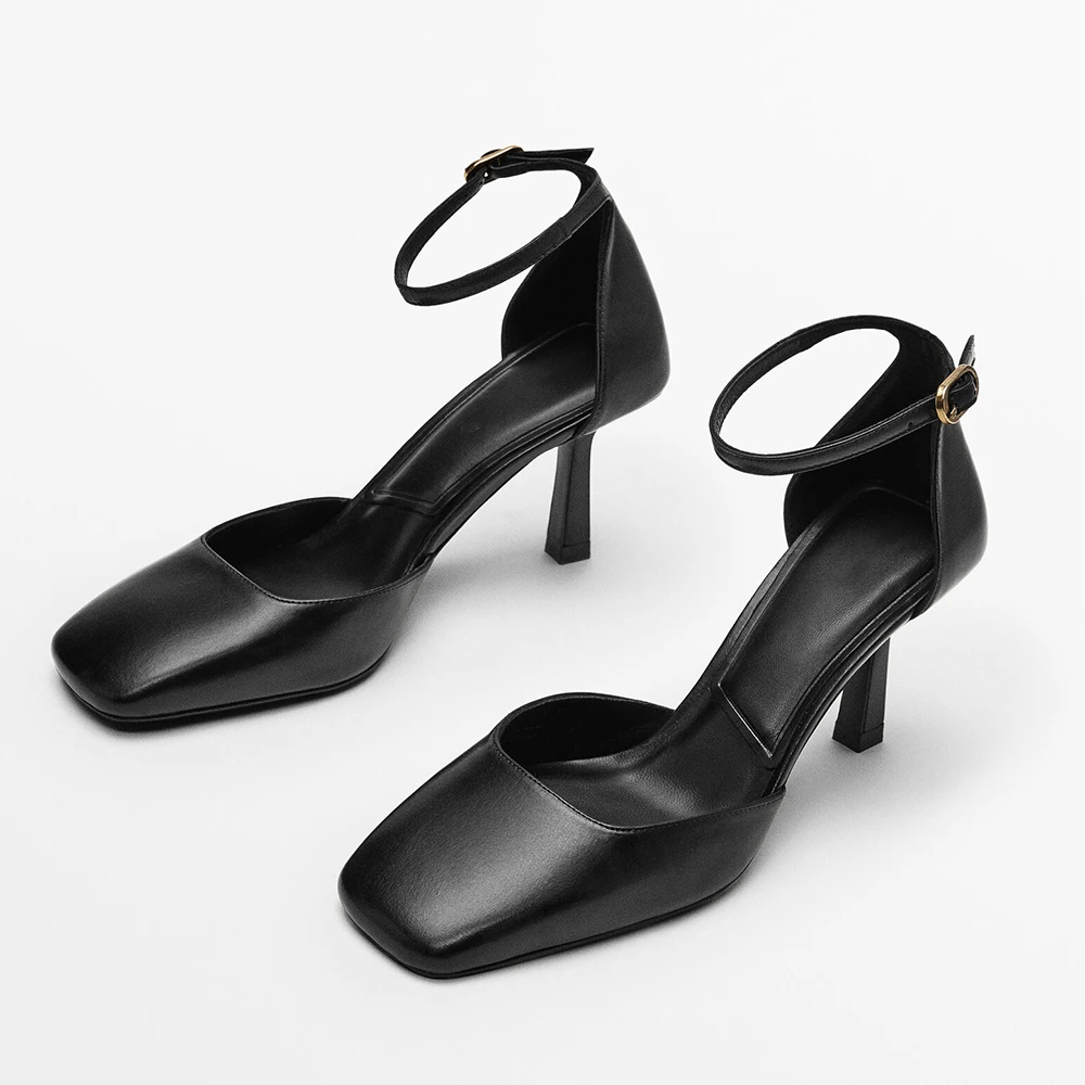 

MOOQDAAX Spring Summer 2022 New Fashion Sandals Black Square Head Retro Simple Women Shoes Design Genuine Leather High Heels