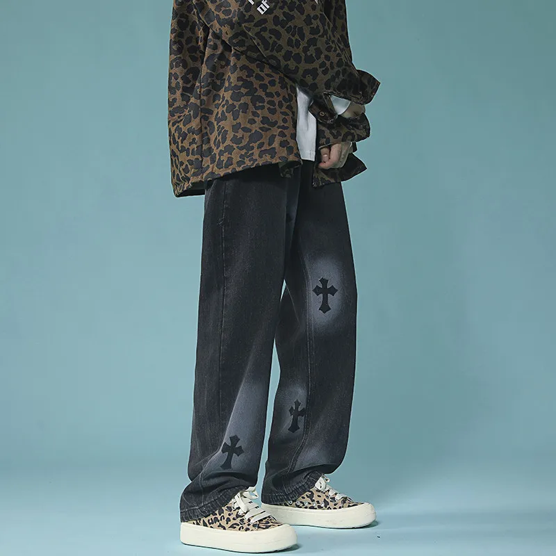 Men's Denim Pants Fashion Loose Wide Leg Jeans Casual Streetwear Printed Cross Trousers Oversize Pants Baggy Men Jeans