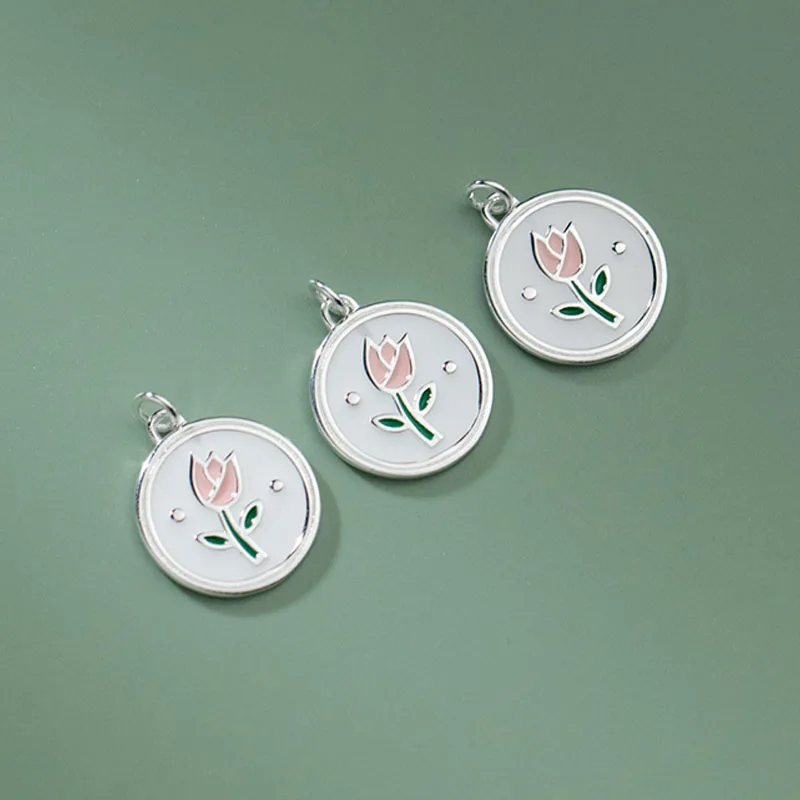 

1pc/Lot 925 Sterling Silver Exquisite Round Tulip Medallion Charms 14mm Flower Necklace Silver Pendants DIY Jewelry Findings
