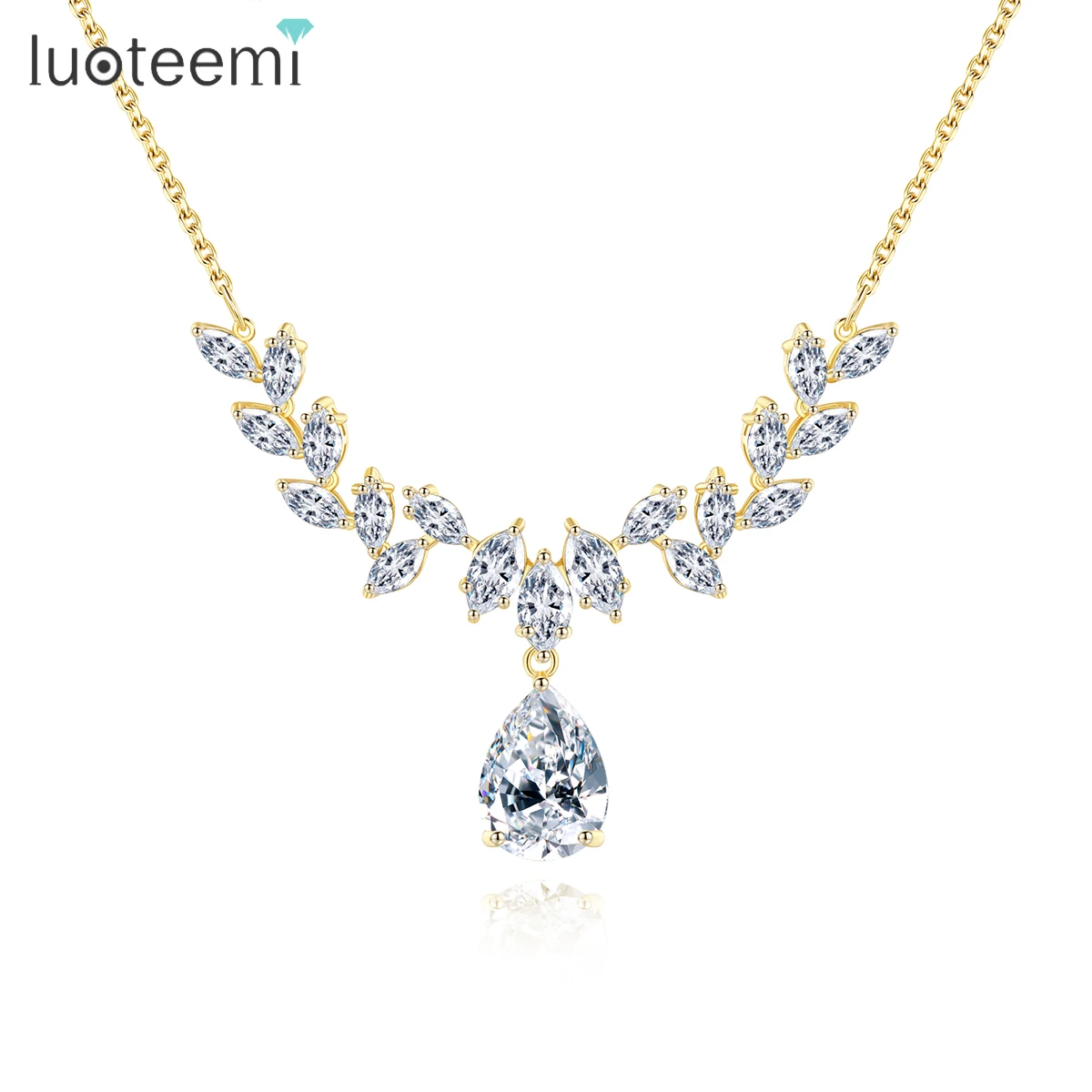 

LUOTEEMI Kawaii 18K Gold Color Fashion Necklaces 2022 Woman Leaf Shape Clear Stones Gold Color Girl Accessories Bridal Wedding