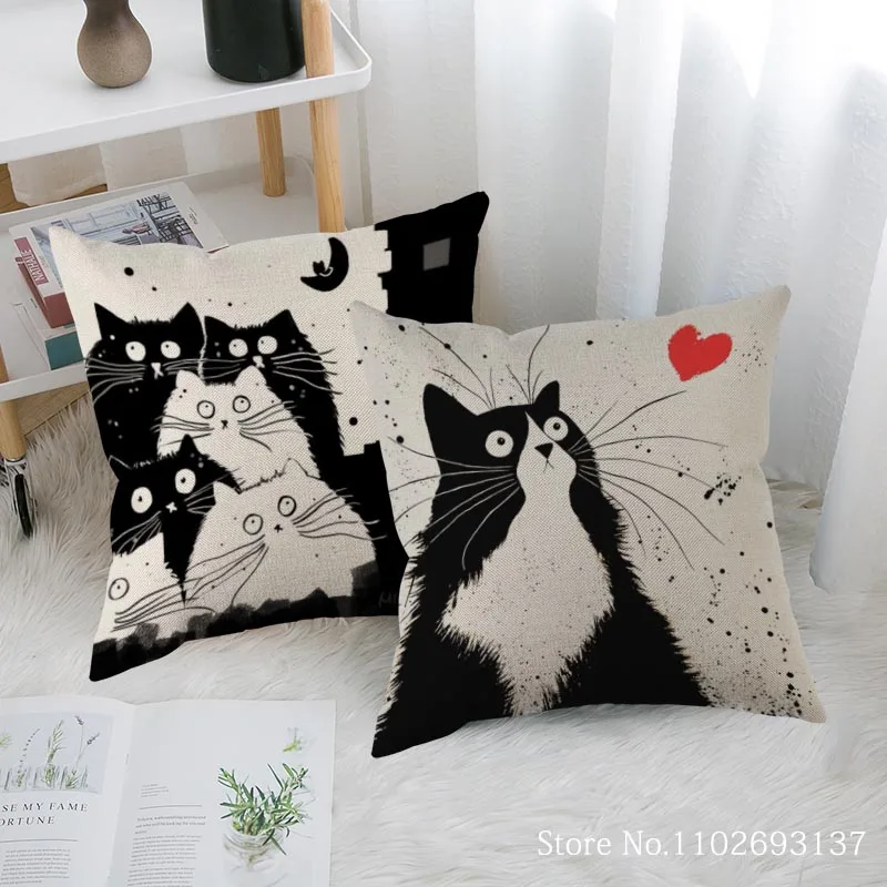 

Cute Black And White Cat Pillow Office Lunch Break Cushion Pillow Cotton Linen Fabric Pillowcase 45X45cm Wedding Decorative