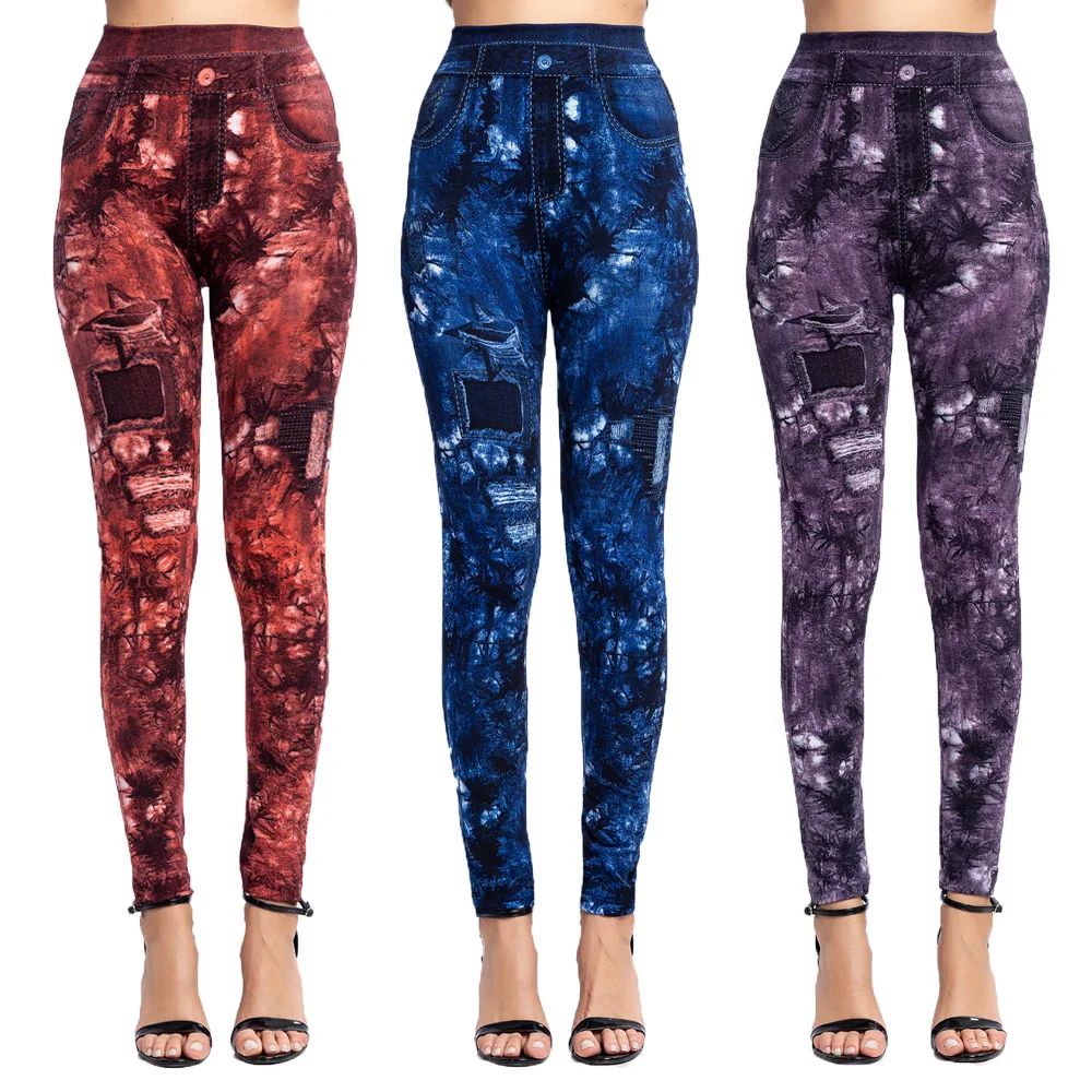 Imitation Denim Jeans Leggings Women Casual High Waist Slim Elastic Pencil Pants Fashion Leaf Printing Sports Fitness Jeggings