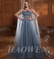 haowen simple long tulle prom dresses with cape crystal sequined beading halter a line evening dress wedding party gown