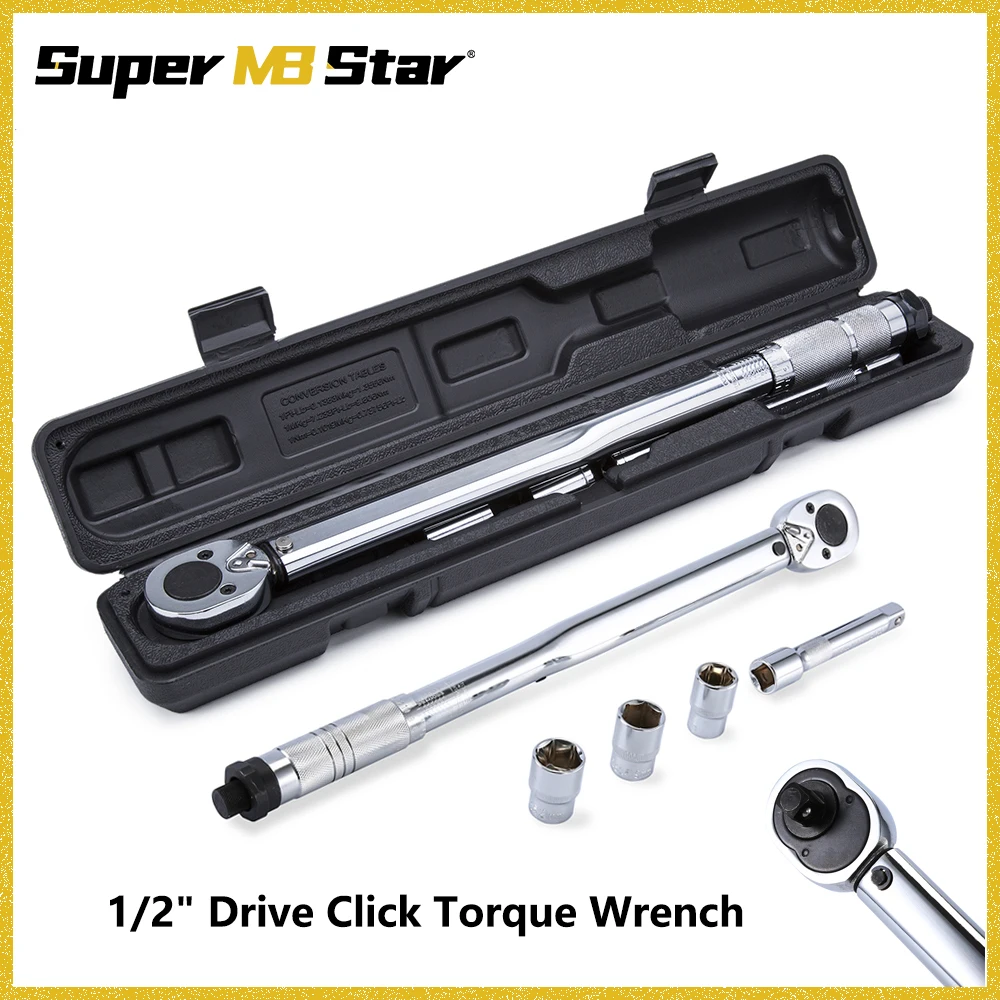 1/2-Inch Drive Click Torque Wrench 28-210Nm Square Drive Ratcheting Wrench with Extension Bar & Sockets  Auto Repair Tyre Tool