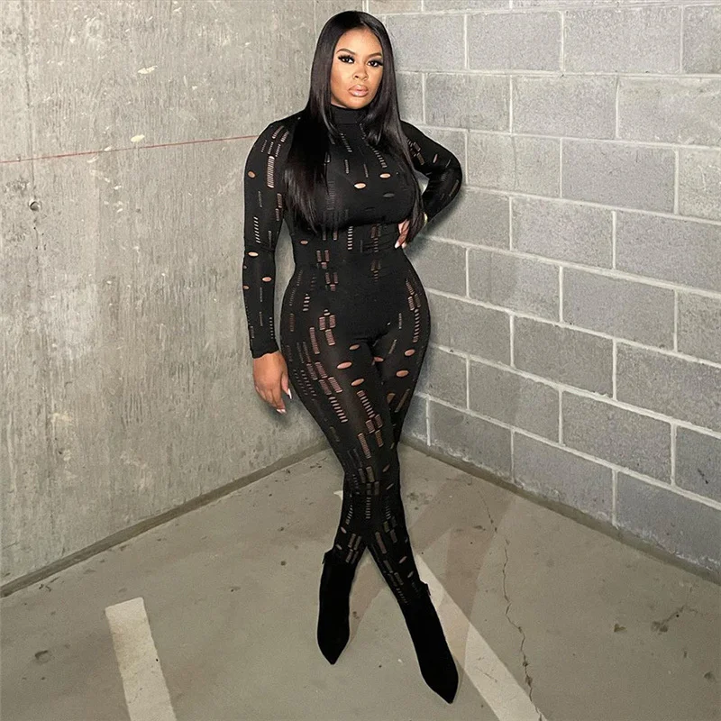 

Zoctuo Women Clothing Outfits Overalls Sexy Hollow Out Jumpsuit Long Sleeve Skinny Overall Tight Rompers Fitness Tracksuit
