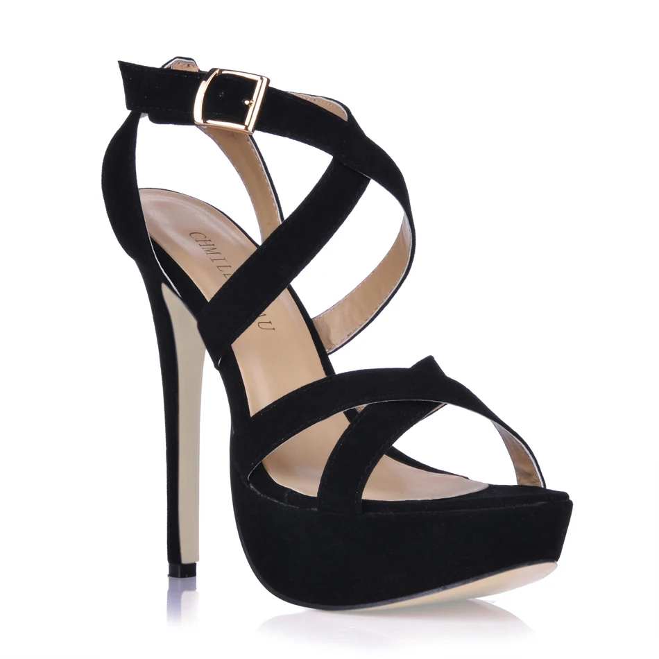 

CHMILE CHAU Black Suede Sexy Party Shoe Women Stiletto High Heels Buckle Strap Platform Rome Lady Sandal Zapatos Mujer 3463SL-a1