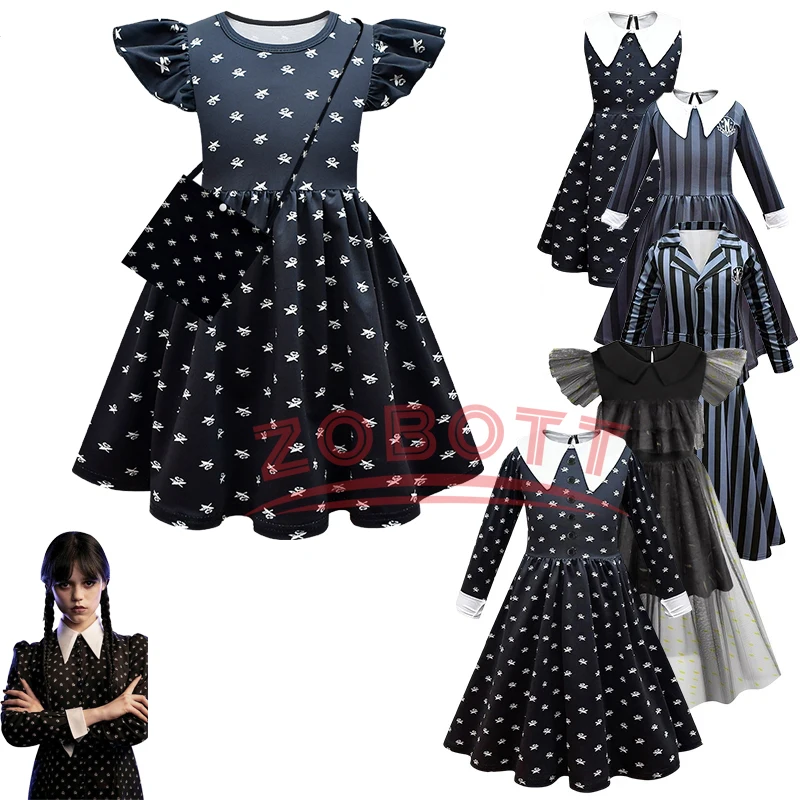 

Wednesday Addams Costume Girl Cosplay Flying sleeve A-line Dress Printing Dress Gothic Outfits Role Play Clothing