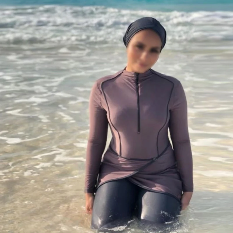 

Purple Three Piece 2021 Muslim Swimsuit High Quality Pure Color Brukini Muslim Fashion Swimwear Women With Hijab