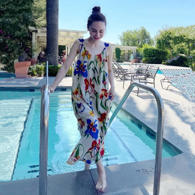 

Seaside Holiday Beach Skirt Simple Sexy Holiday Print Straps Backless Bandage Slit Beach Sundresses Female Women Long Dress