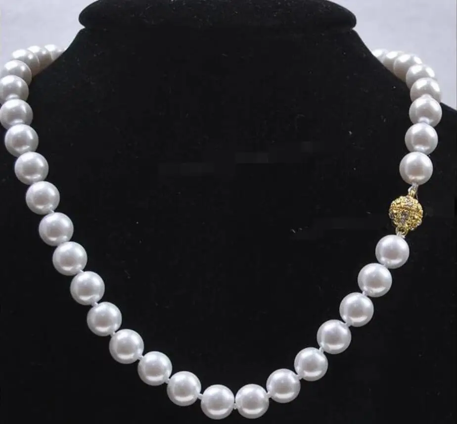 

10mm White Akoya Shell Pearl Hand Knotted Round Beads Necklace 18inch AAA+