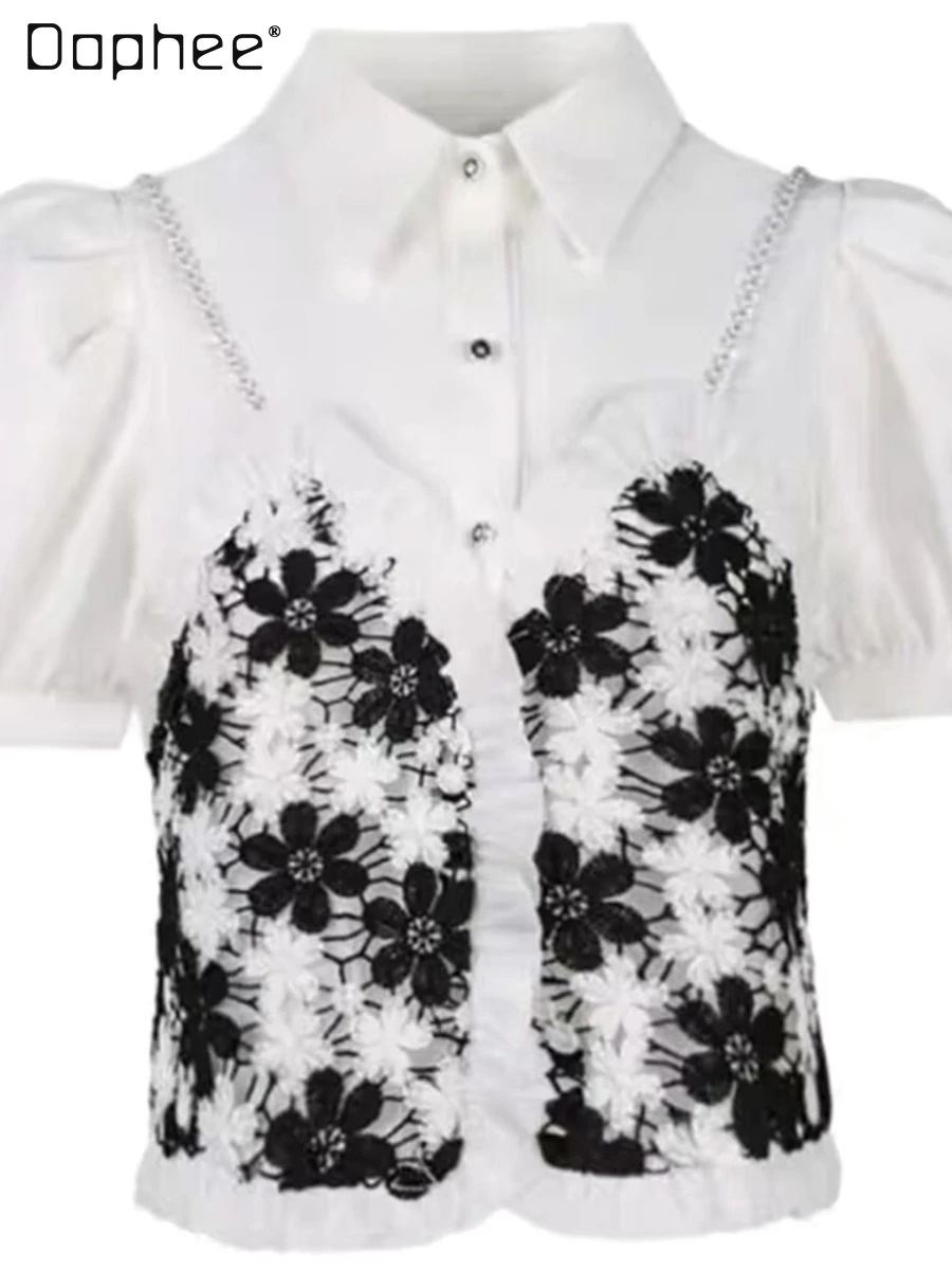 

Casual Woman Floral Print Polo Collar Blouses Korean Style Short Puff Sleeve Ruffles Shirts Blusas Tops Blusas De Mujer