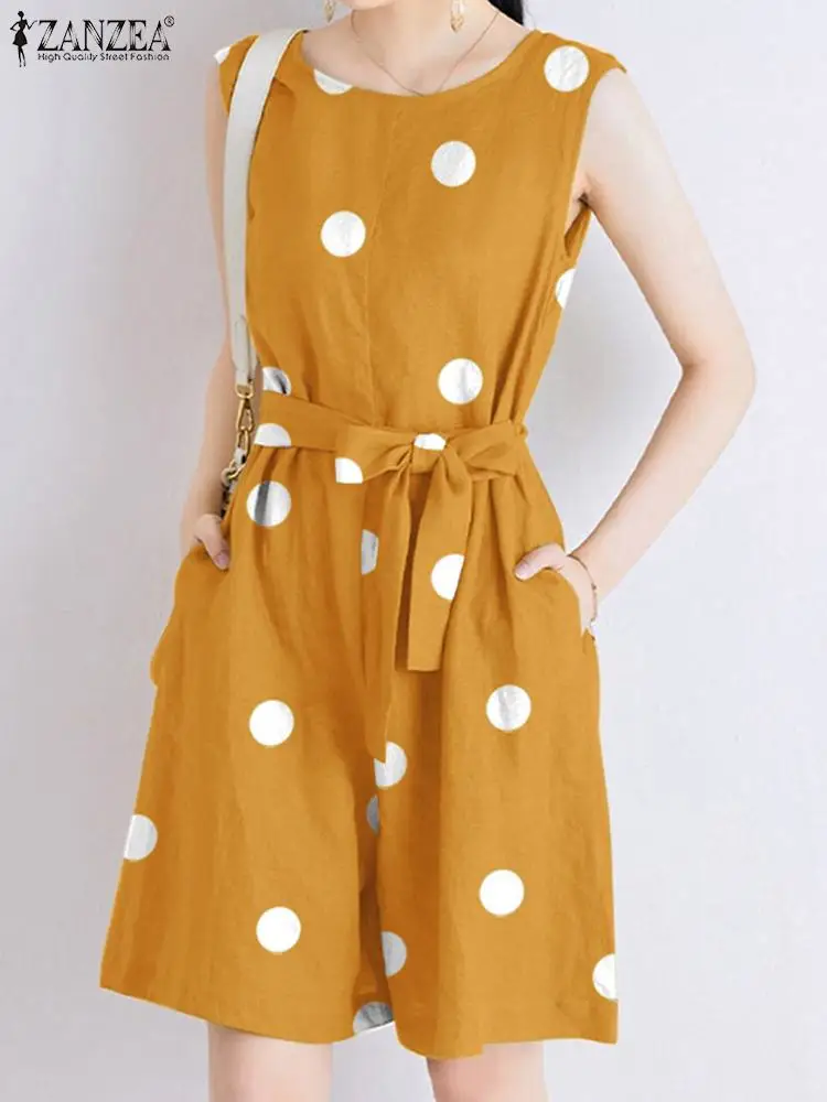 

Summer Polka Dots Printed Sleeveless Jumpsuit 2022 ZANZEA Women Rompers Fashion Dungarees Casual Loose Playsuits Beach Overalls