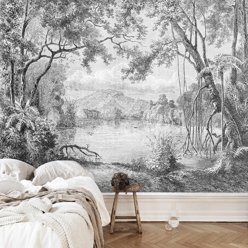 

Фотообои на заказ, черно-белый лес, европейская ретро линия ручной росписи, тропический лес, джунгли