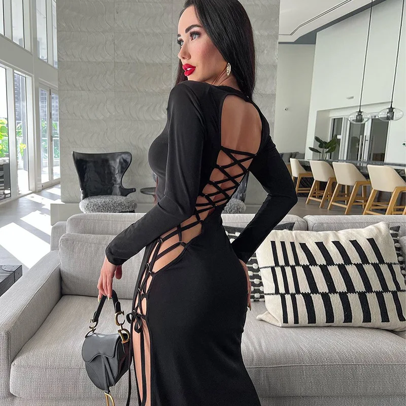 

Summer Dress Women's 2022 Fall Sexy Party New Beveled Slit Lace Up Long Sleeve Skirt