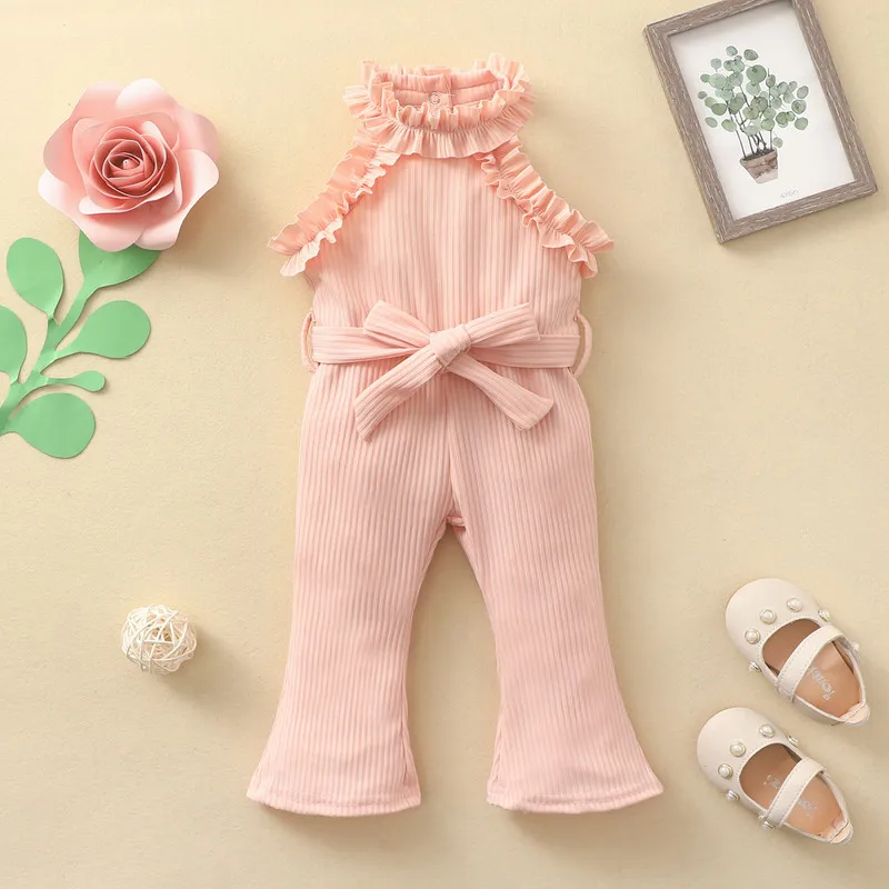 

Комбинезон трикотажный в рубчик для маленьких девочек, однотонный комбинезон с кружевом без рукавов и ложным воротником и брюками с поясом