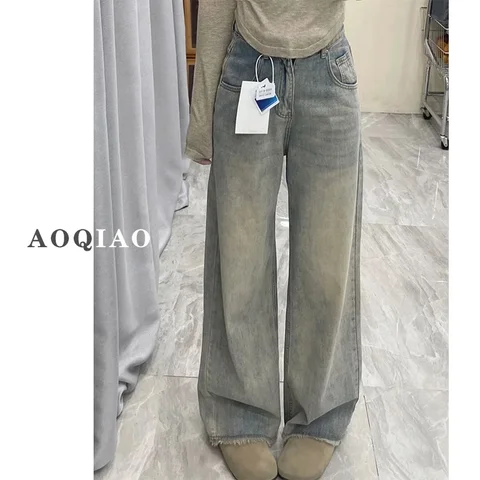 Женские потертые широкие джинсы в Корейском стиле, винтажные свободные брюки в уличном стиле, брюки из денима в стиле гранж Y2K, прямые эстетические джинсы