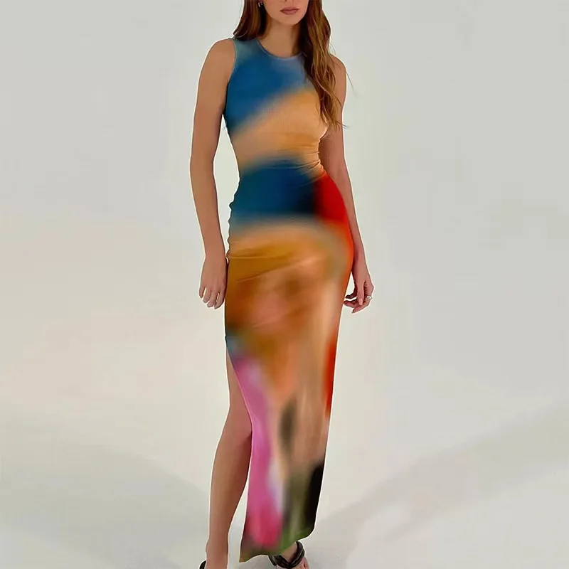 

2022 Dress Woman Tie Dye Print Sleeveless O-neck Bodycon Side Split Evening Party Dresses Elegant Summer Long Dress Streetwear