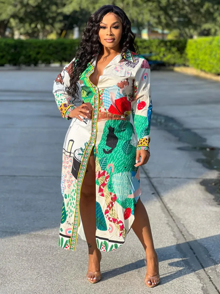 

Geometric Pattern Women's Loose Shirt Dresses Harajuku Turn Down Collar Long Sleeve Dress Streetwear Single Breasted Blouse Robe