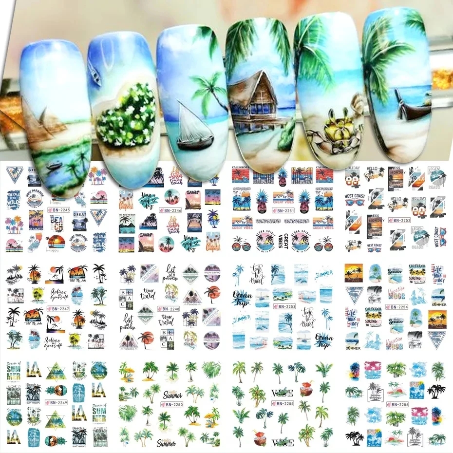 12/4PC Summer Coconut Tree Nail Art Stickers 2022 Tropical Palm Leaf Beach Dusk Sliders For Nails Set Decorations Bundle BN-2250