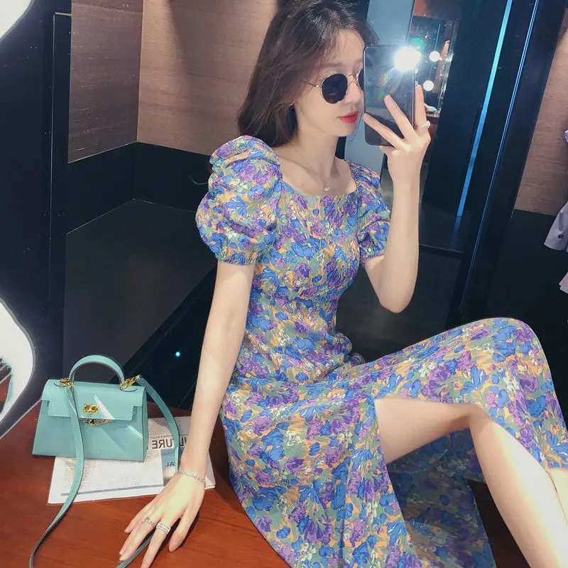 

Purple Bubble Sleeve Dress Women's Dress 2022 Summer New Style Split Hem Western Style Floral Waist Length Skirt Za Fashion Y2k