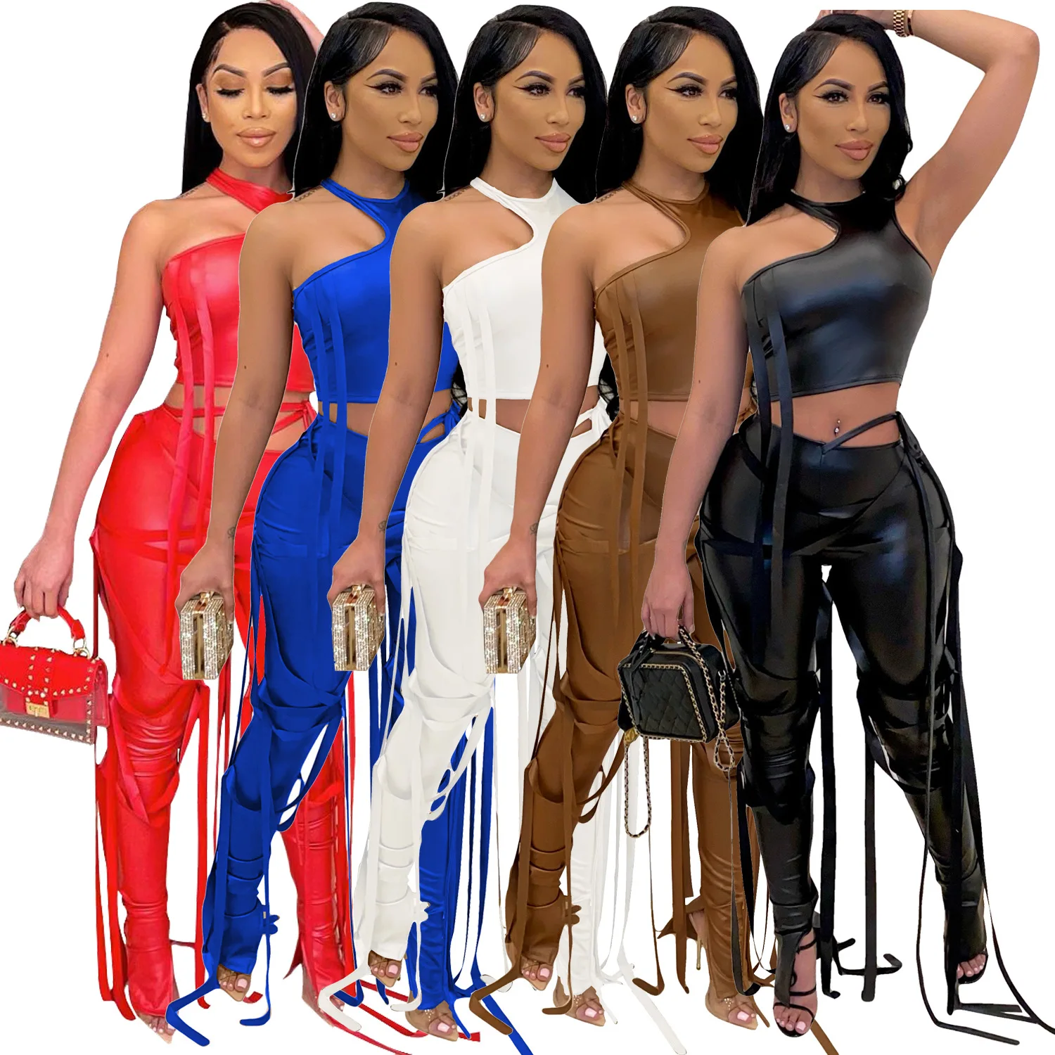 

Summer Nightclub Women'S Sexy Two-Piece Vest Strap Suit Imitation Leather Pants & Stylish Sleeveless Cool Lady Outfits Party Dre