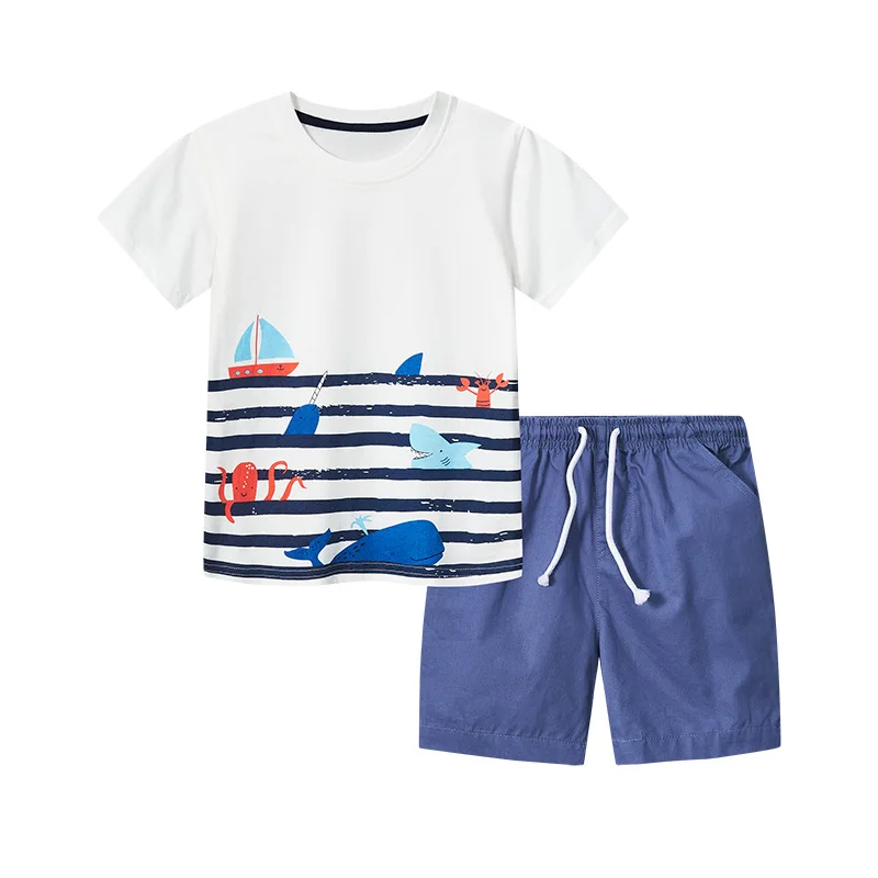

Children's Clothes 2023 New Summer Boys Fashion Sets For Kids Cartoon Printing T-shirt+Woven Strap Shorts 2pce Outfits 2-7 Years