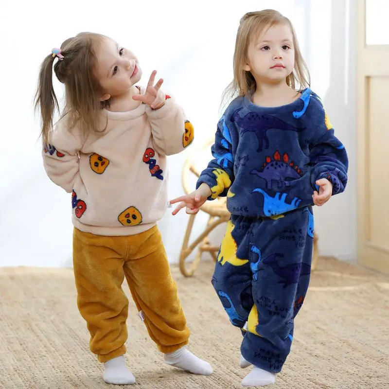 

Flannel Pajamas Suit Spring, Autumn and Winter Boys and Girls Baby Homewear Children's Clothing Velvet Coral Fleece Suit