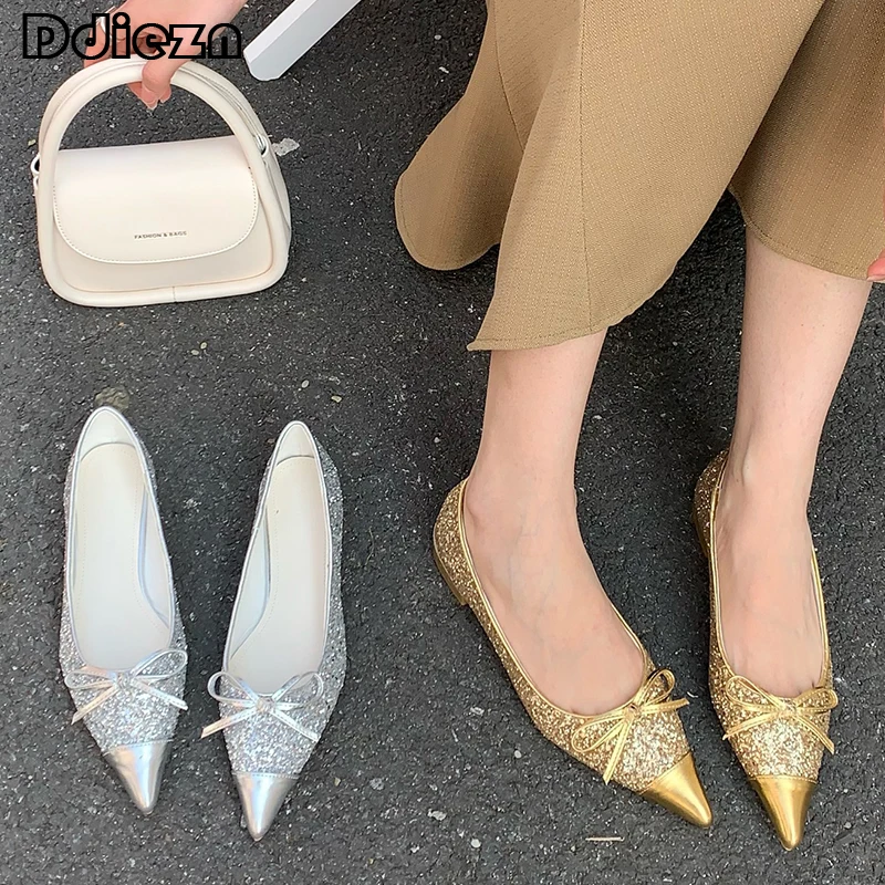 

2023 Women Flat Slides Gold Ladies Outside Sandals Pointed Toe New Fashion Casual Shallow Female Shoes Butterfly-Knot Flats