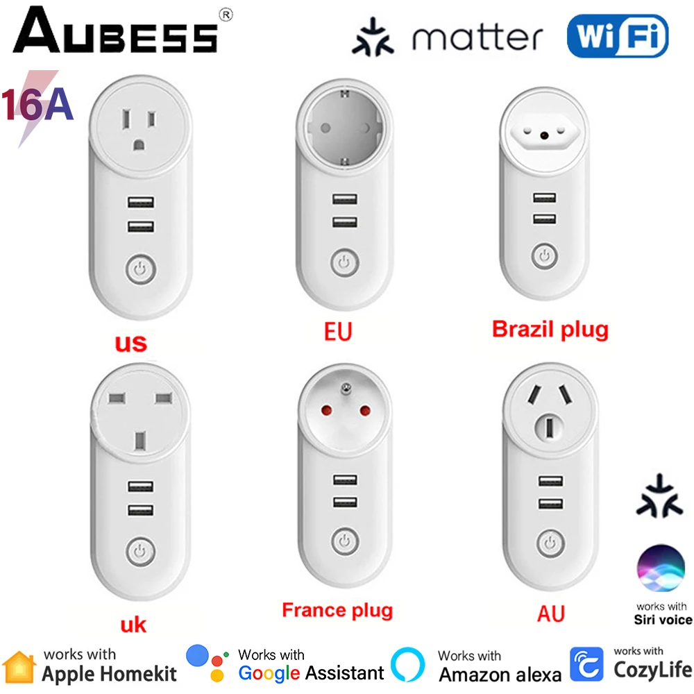 

Matter WiFi Smart Power Socket EU US AU UK Brazil 16A Plug Socket Timing Remote Control Works with Homekit Alexa Google Home