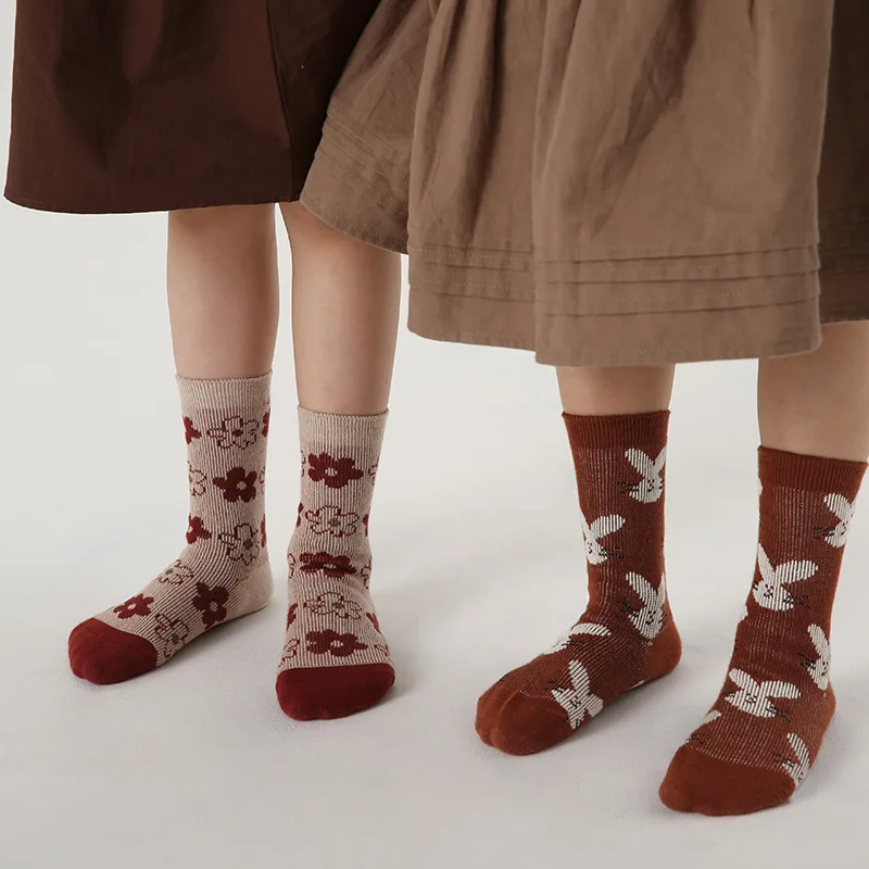 Осенне-зимние носки для девочек двойные хлопковые теплые с рисунком кролика