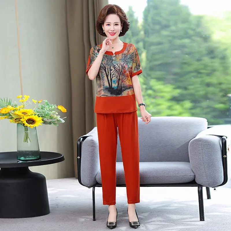 

2022 Summer Women's Sets Middle-Aged Elderly Mothers Printing Tops t-shirt+ Pants Suits Two-Piece Sets Plus Size 5XL
