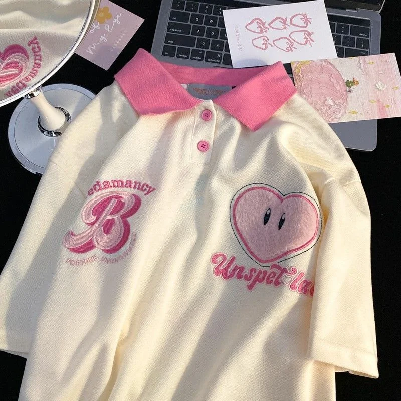 

American Lovely Pink Cartoon Embroidery POLO Shirt Short Sleeve Cute T Shirts Teenage Student Summer Y2K Top Casual Loose Cotton